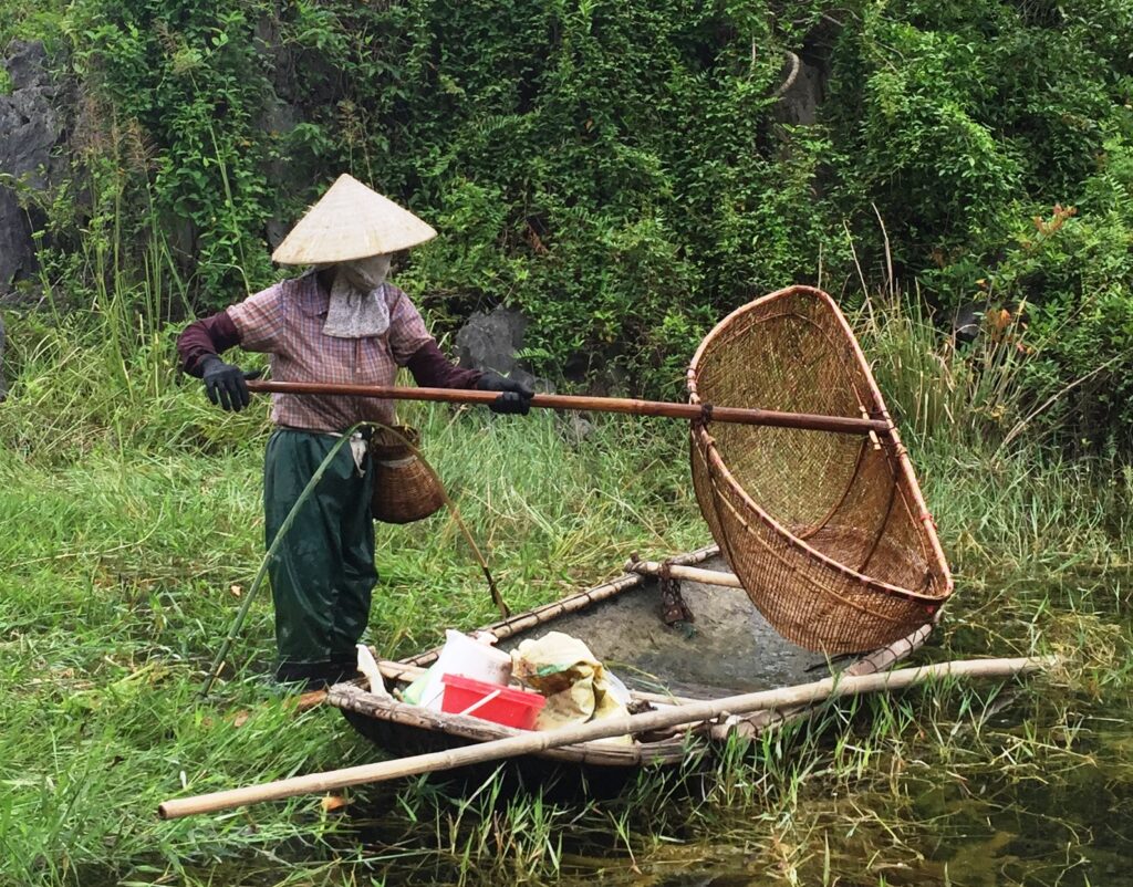 Vietnamese fishing with a large scooping basket
