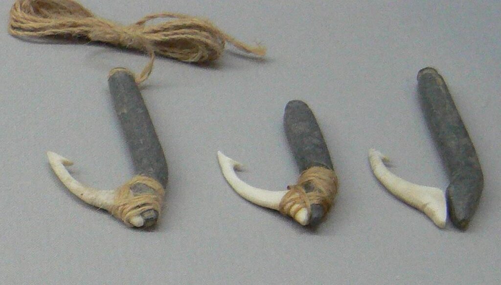 Detail of a reconstructed set of Neolithic hooks and line at Osan-ri Prehistory Museum in Korea