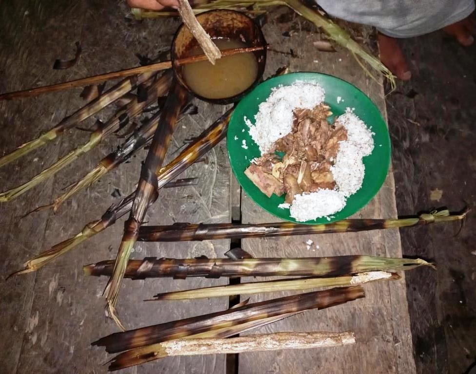 Typical Mentawai meal with boiled meat, roasted sago sticks and taro balls