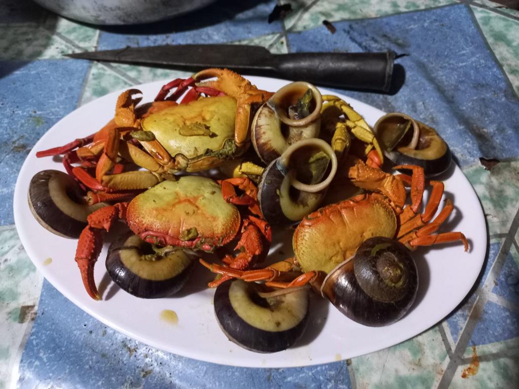 a plate of cooked rock snails and mountain crabs in vietnam