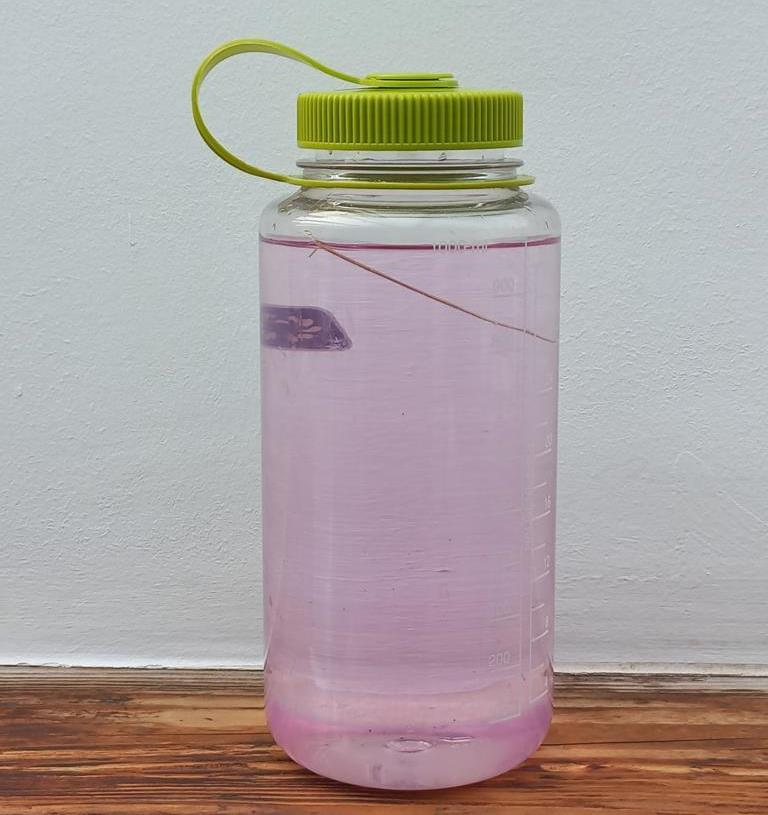 A bottle with a dilution of 1-in-200,000 parts for disinfecting water