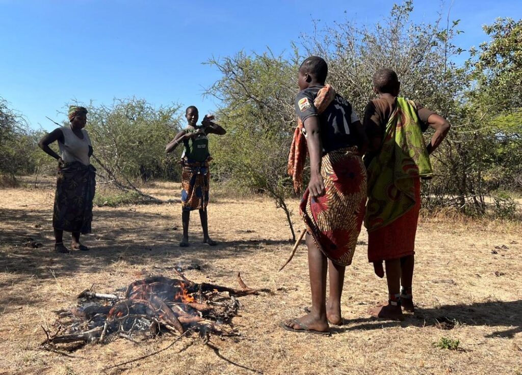 Hadza women discussing the readyness of sweetpea tubers for eating