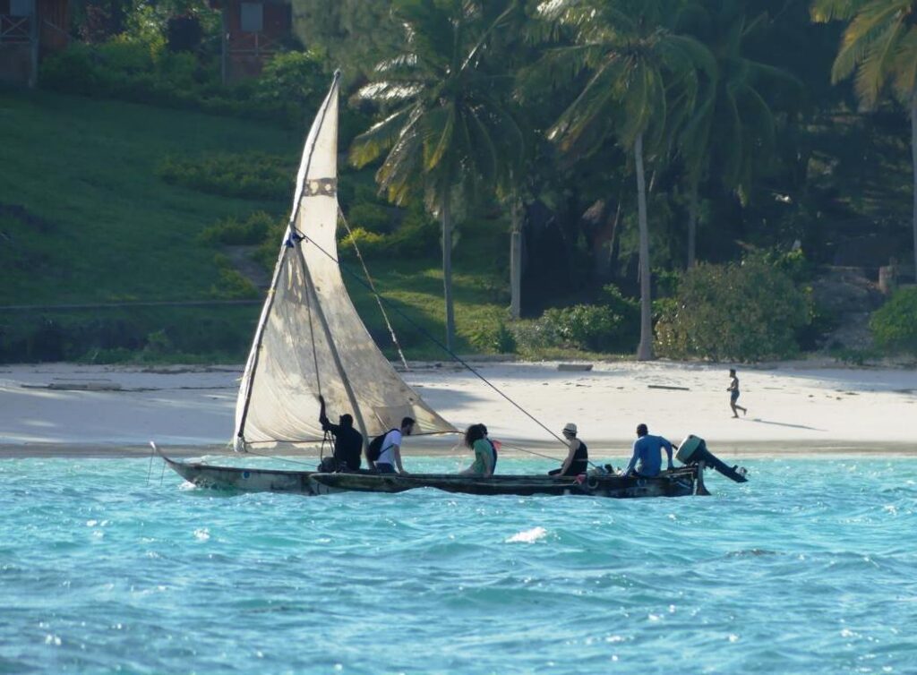 Sailing on a Ngalawa boat with outboard motor in Zanzibar