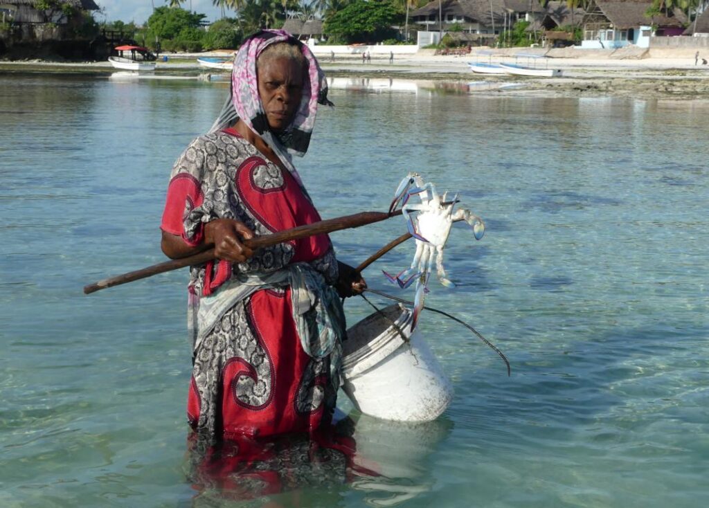 Beachcombing lady at Zanzibar with spear and crab