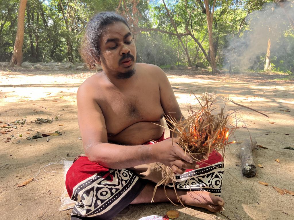 Burning grass bundle from Vedda flint and steel fire-making