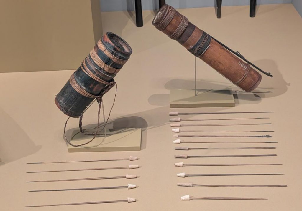 Borneo blowpipe darts and quivers in the Borneo Cultural Museum. Unfortunately, the museum curators did not know which direction the cork cones should be fitted.